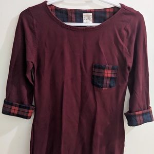 Simons Twik 3/4 sleeve burgundy shirt with plaid
